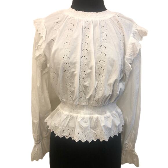 Topshop Shirred Embroidered White Ruffle Blouse Blouson Sleeves Size 6 Victorian - Picture 1 of 15